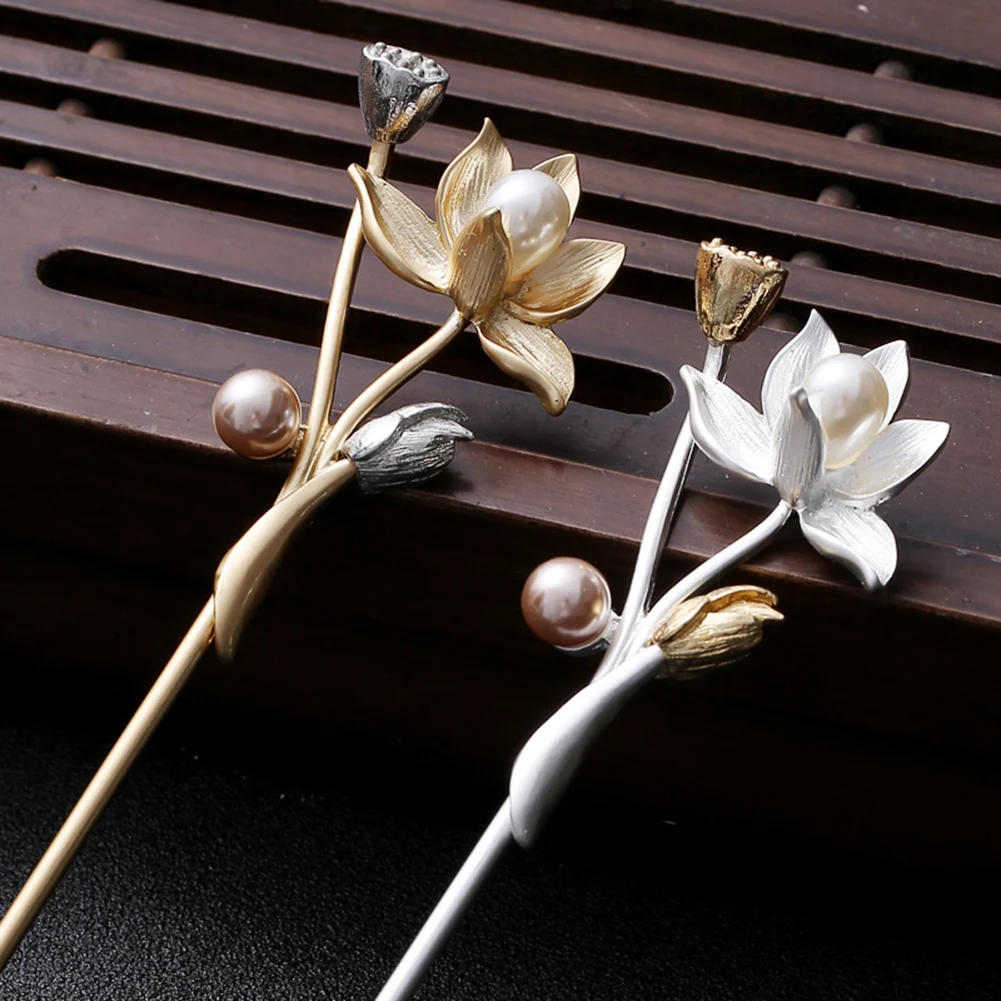 

Metal Hairpins Fashion Women Girls Pearl Lotus Hair Sticks Chopstick Shaped Hair Clips Pins Wedding Hair Jewelry Accessories