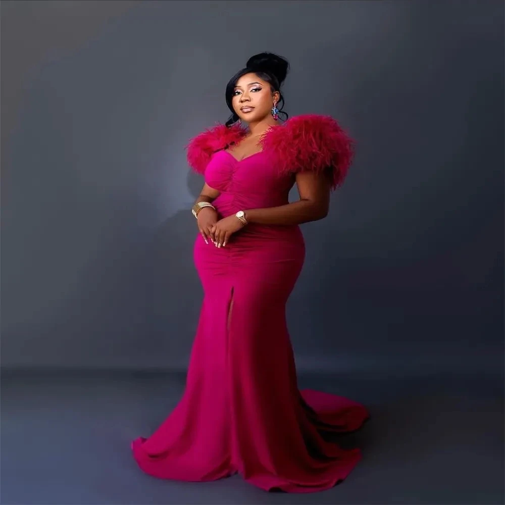 

Hot Pink Mermaid Feather Evening Dresses V Neck Pleat Satin Formal Gown Plus Size Nov Aso Ebi Arabic Robe De Soiree