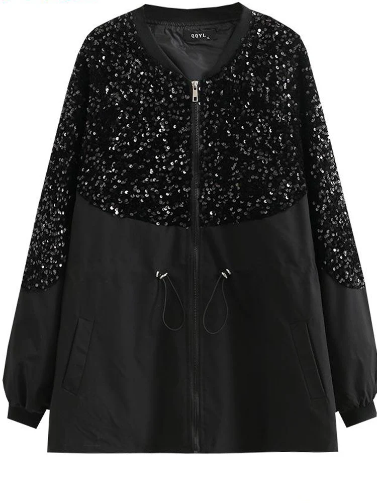 

Fashion Women's Spring And Autumn Loose Sequin Splicing O-neck Wide-waisted Zipper Long Sleeve Wide-waisted Jacket Vintage Top