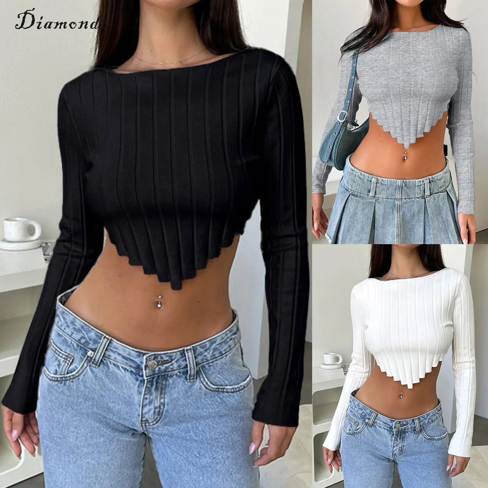 

Lady Fashion Top Long Sleeve Striped Autumn Top Slim Fit Solid Irregular Comfy Stretch Square Neck Streetwear Y2k Clothes