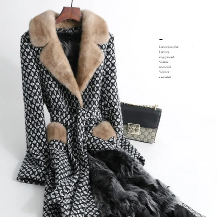 Women New Korean Slim Mink Fur Thick Warm Coat 2022 Winter Tweed Pie Overcoming Fur One Coat Female Mid-length Woolen Jacket