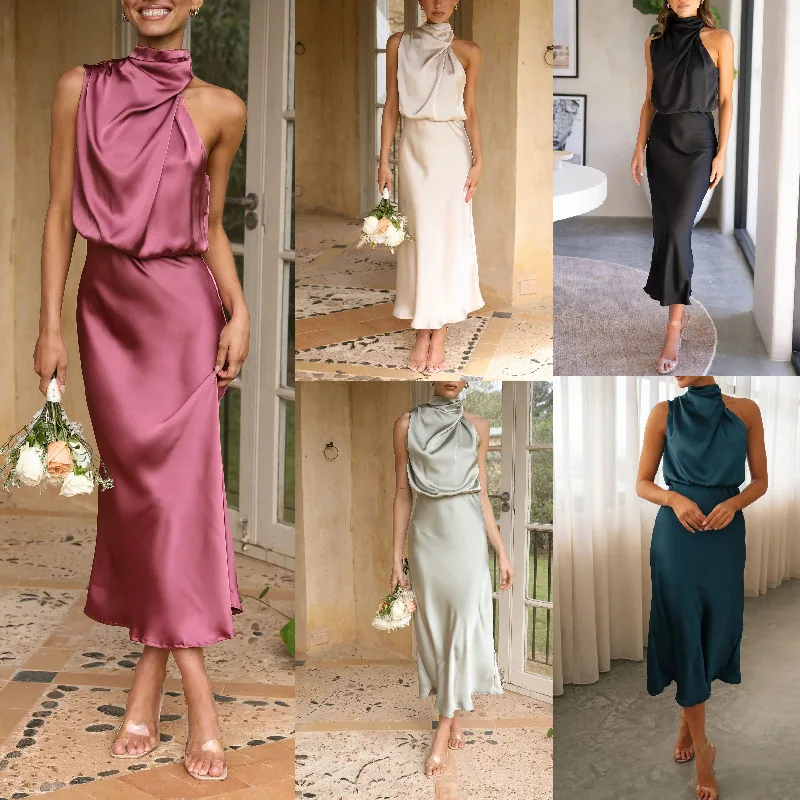 

Elegant Women's Sexy Dresses 2023 Summer Lady Sleeveless Hanging Neck Solid Satin Party Dress Vesido Mujer Female Robe