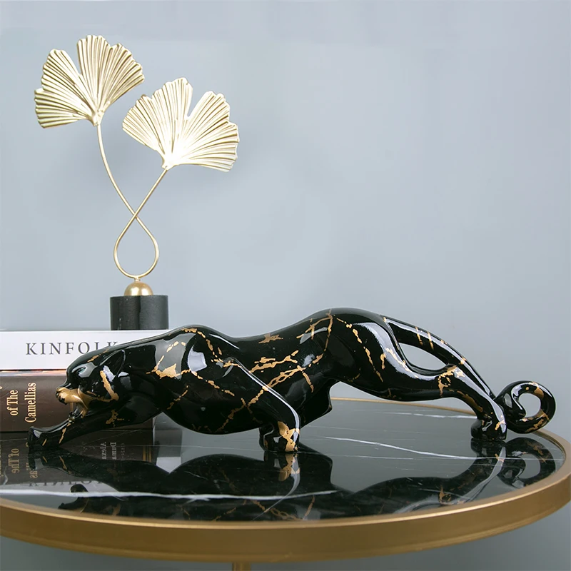 

Nordic Black Gold Leopard Statue Wild Power Animal Morden Art Office Desktop Crafts Ornaments Dark Panther Figurines Home Decors
