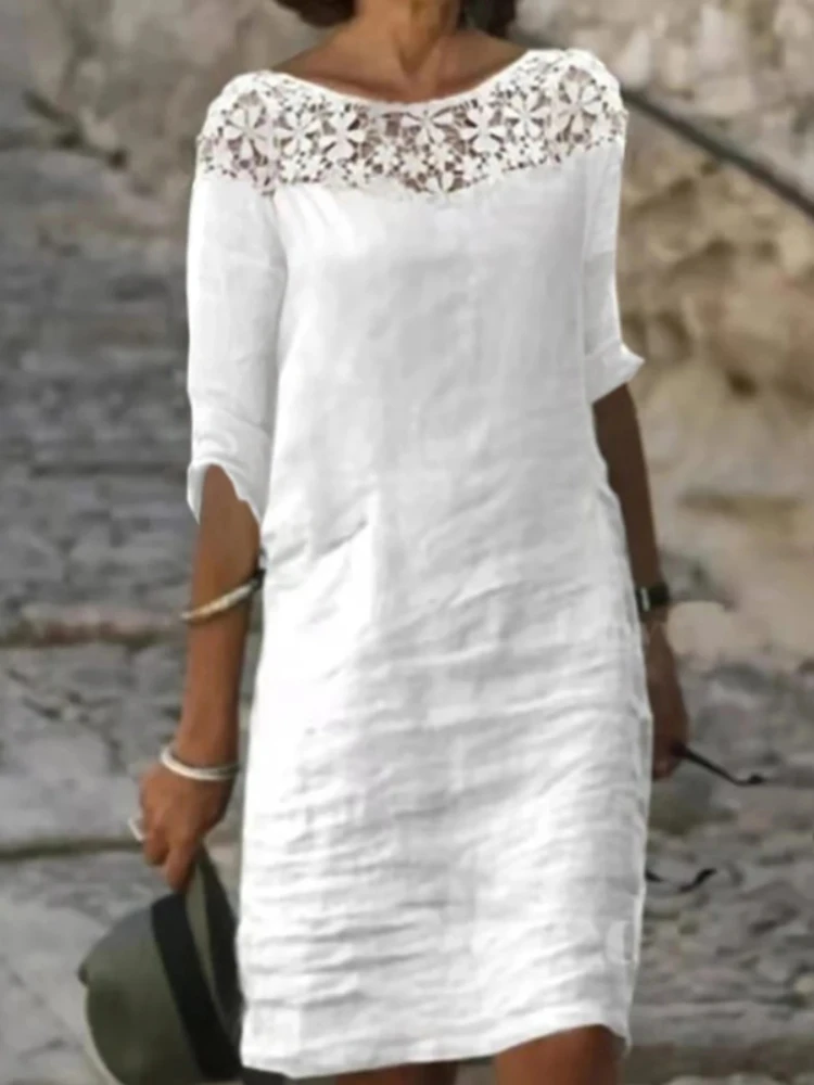 

Женское пикантное платье, белое ажурное кружевное платье, свободные платья миди с коротким рукавом, лето 2023, повседневные женские платья, платье