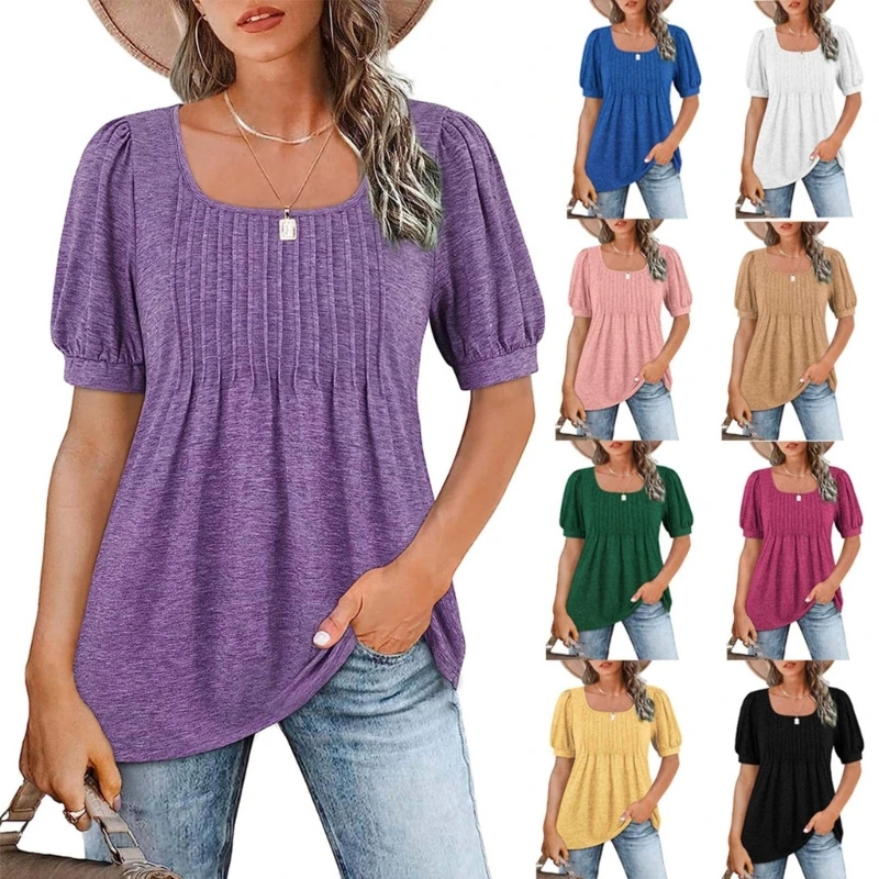 

Женская туника-топ с пышными короткими рукавами, летняя повседневная футболка, плиссированная Свободная блузка для леггинсов, летние футбо...
