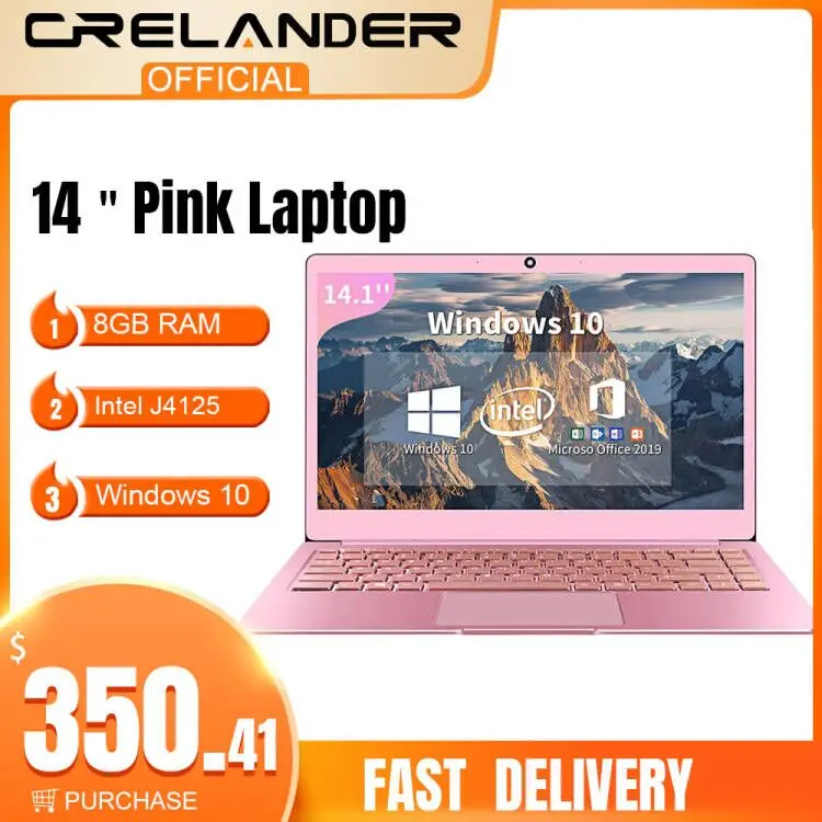 CRELANDER Pink Laptop 14 Inch Intel J4125 Processor 8GB RAM 256GB SSD Windows 10 Metal Body Gamer Notebook Computer PC Portable