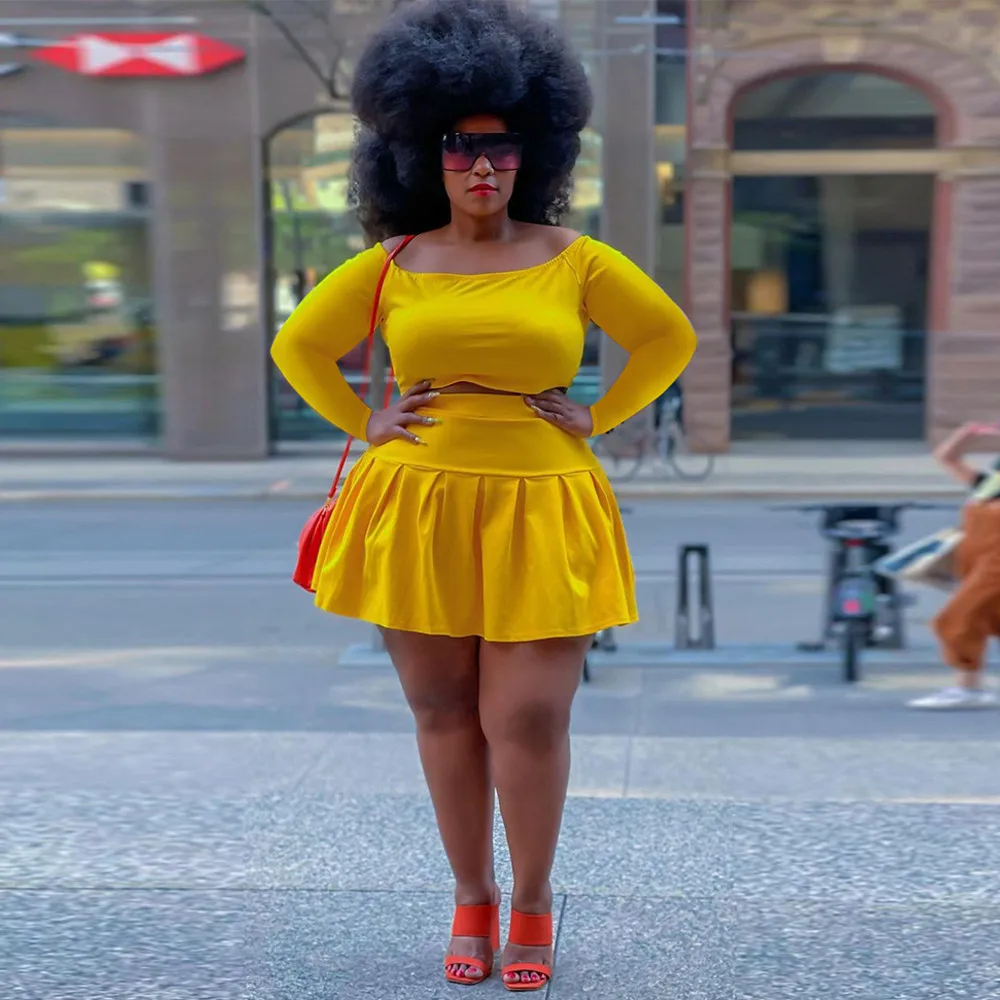 

Женский комплект из двух предметов: укороченный Топ с длинным рукавом и круглым вырезом и плиссированная мини-юбка