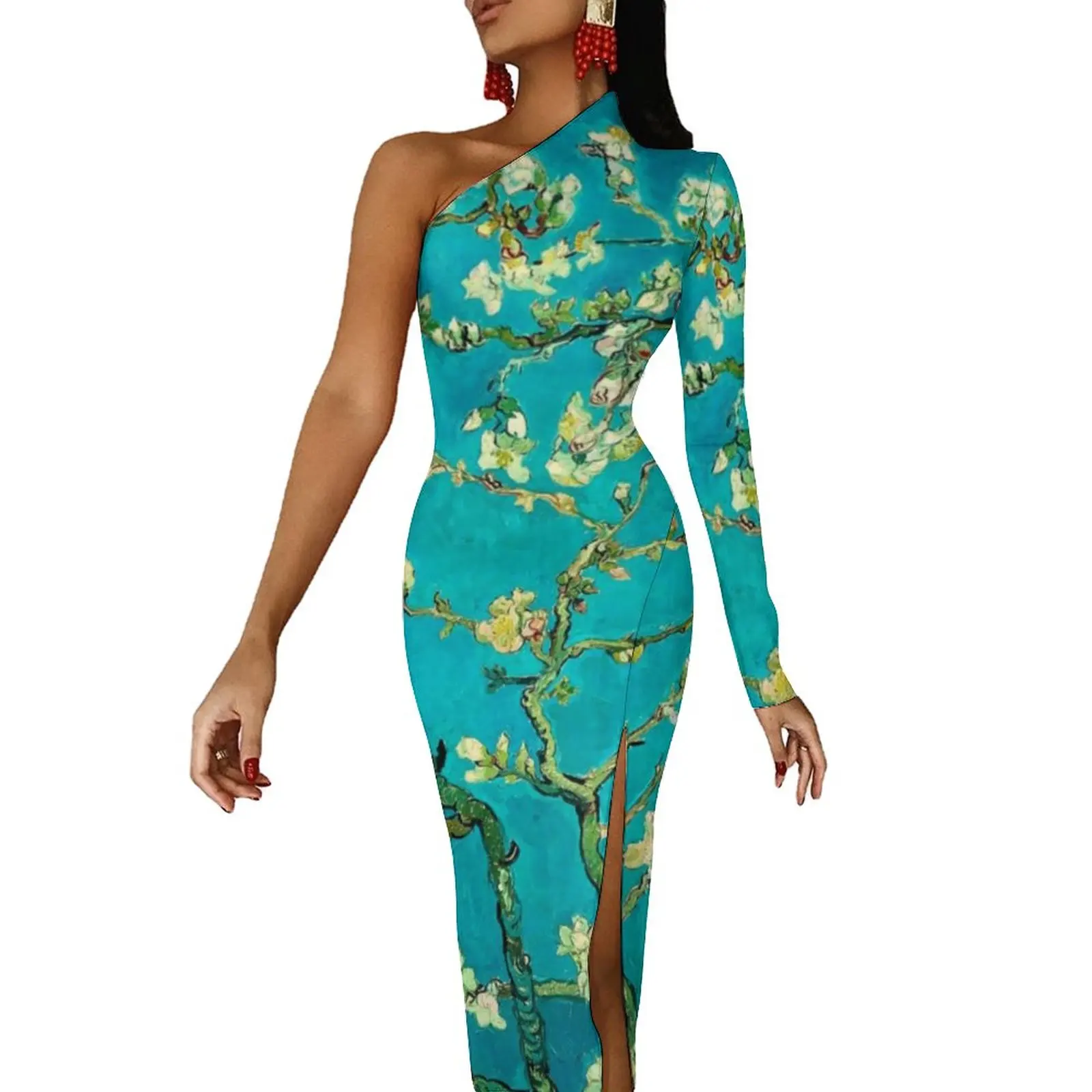 

Облегающее платье Ван Гога, весеннее Элегантное Длинное платье с цветочным принтом миндального дерева, разрезом сбоку, женское праздничное...