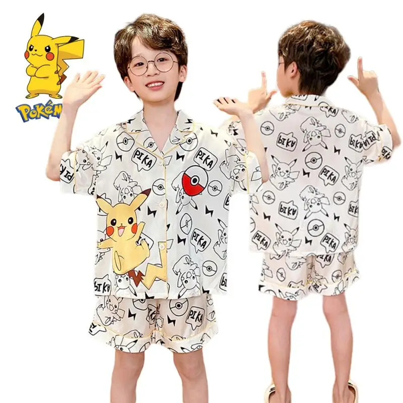 

Pokemon Pikachu Anime Cartoon Boy Pajamas Suit Summer Kid Breathable Short Sleeve Shorts Two Piece Set Children Home Clothes