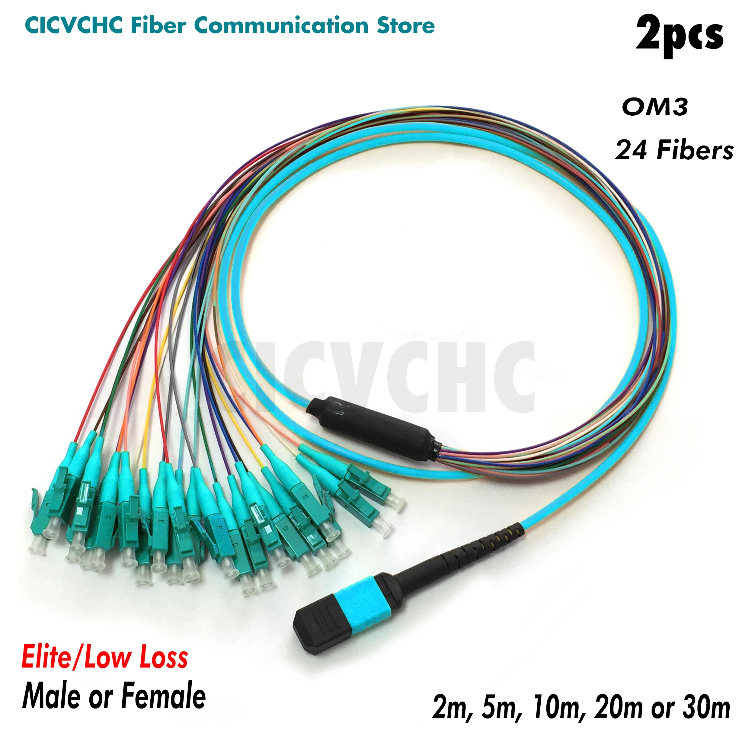 2pcs 24 fibers-MPO/UPC Fanout LC/UPC -OM3-Elite/Low loss-Male/Female with 0.9mm-2m to 30m/MPO Assembly