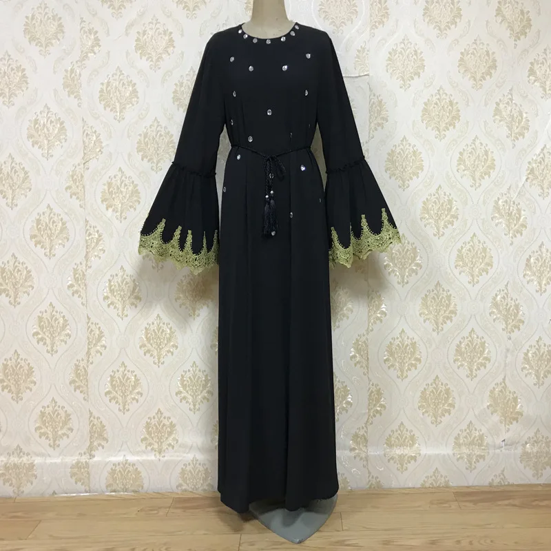 

Ramadan Muslim Dress Women Beading Long Sleeve Lace Muslim Clothes Fashion Women's Dresses Sash Kaftan Turkey Hijab Abaya Dubai