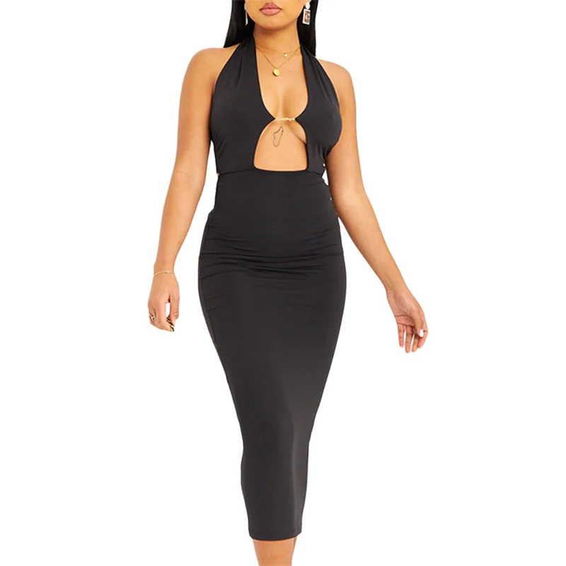 

Летнее облегающее платье с открытой спиной, Женский Однотонный сарафан средней длины без рукавов с открытыми плечами и вырезом на спине