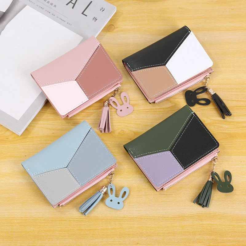 

2022 New PU Wallet Ladies Zipper Student Clutch Short Tricolor Contrast Pu Leather Coin Purse Small Bag Multi-card Card Holder