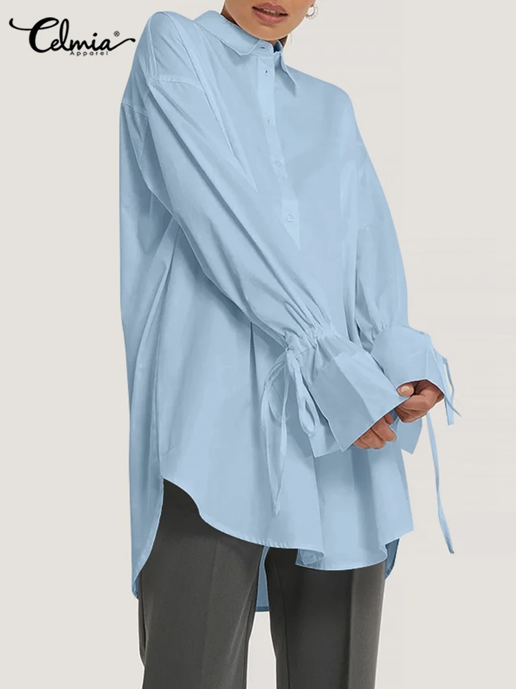 

Женская модная Базовая Блузка Celmia с отложным воротником, бандажная рубашка с длинным рукавом и манжетами на пуговицах, осень 2022, женские офи...