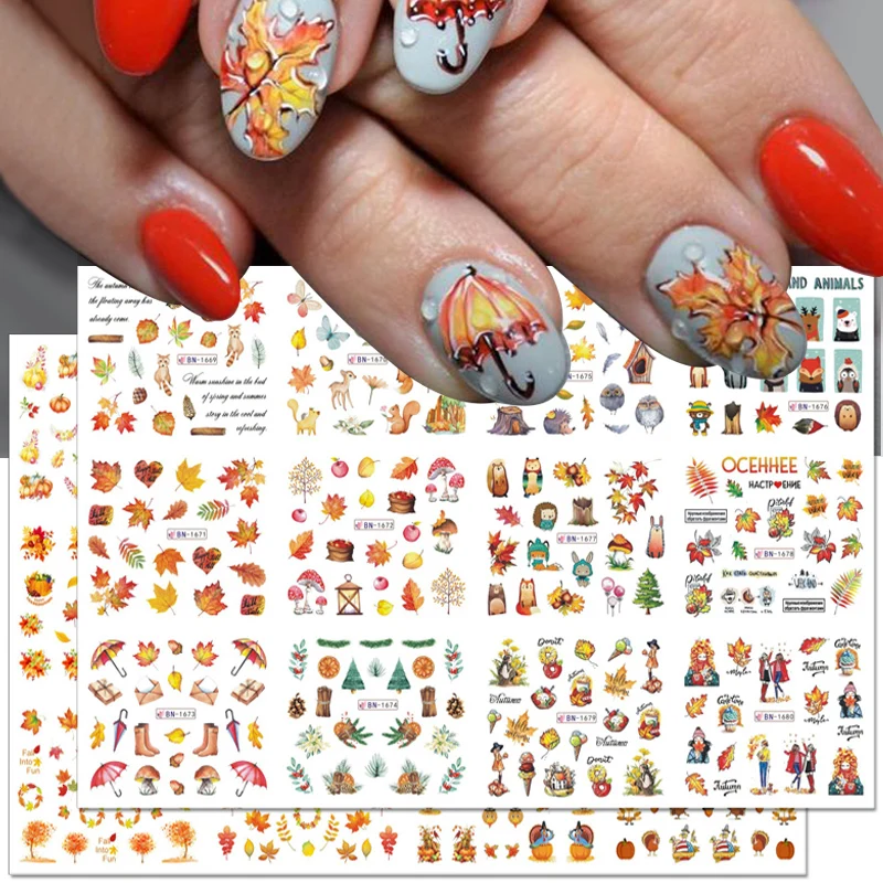 

12pcs Maple Leaf Fall Nail Stickers Gold Leaves Lines Pumpkin Nail Decals Water Transfer Foils Sliders Decorations for Manicure