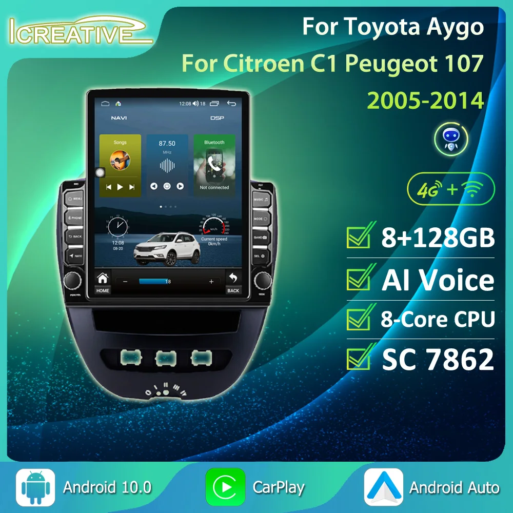 

Vertical Touch HU Tesla Multimedia Player Android 10.0 Car Radio GPS Navigation For Toyota Aygo Citroen C1 Peugeot 107 2005-2014