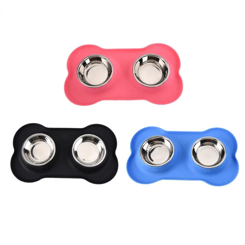 

Silicone Dog Food Bowl Bone Stainless Steel Double Dog Bowl Pet Food Utensils Pet Eating Placemat Wholesale