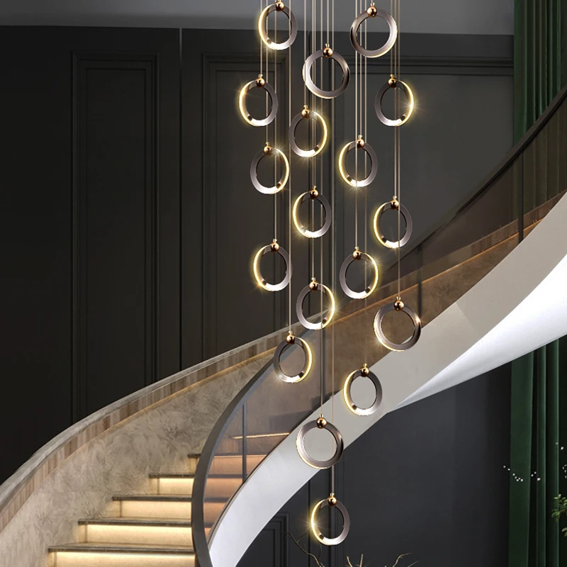 Designer Staircase Chandelier Modern Minimalist Lighting Luxury Attic Restaurant Living Room Lamps LED Ring Villa Chandelier