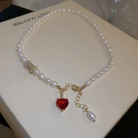 minar temperament real freshwater pearl beads chain necklace for women red color cz zirconia heart shape pendant necklaces gift