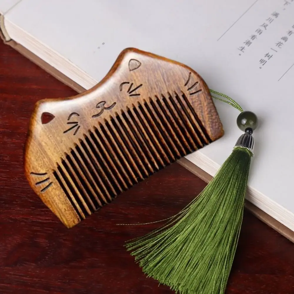 

Anti-Static Cat Wooden Scalp Combs Carve Designs with Tassel Meridian Gua Sha Pocket Comb Narrow Tooth Natural