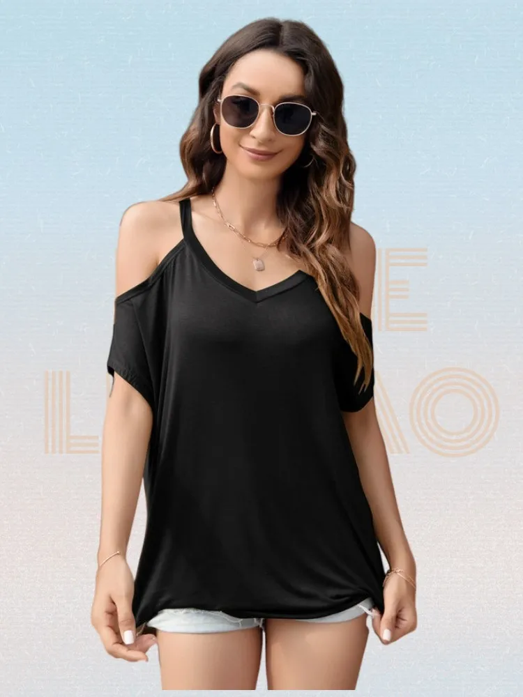 

Solid Mercerized Cotton Off Shoulder Sleeves V-neck Tees Women Summer Loose Casual Tops Women Clothes Camisa Feminina T-shirt