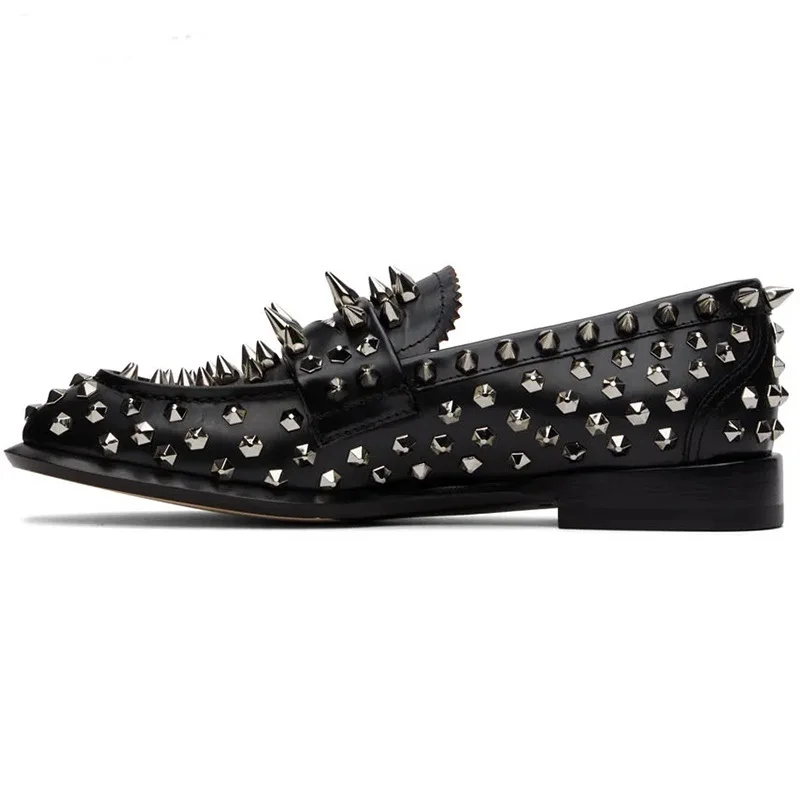 

Handmade Full Rivets Spikes Mens Loafers Shoes Black Red Leather Round Toe Slip On Studded Lesiure Shoes Size48