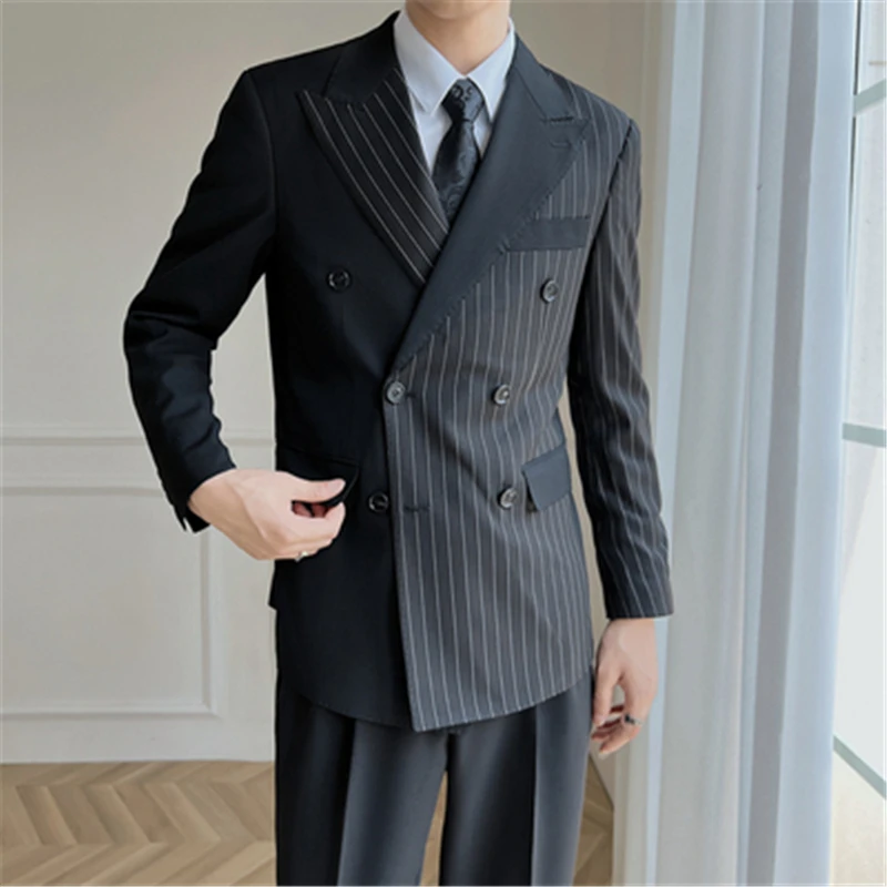 

Retro Striped Blazer Men Patchwork Designer Slim Fit Business Double Breasted Suit Jacket Male Casual Coat Chaqueta Hombre Black