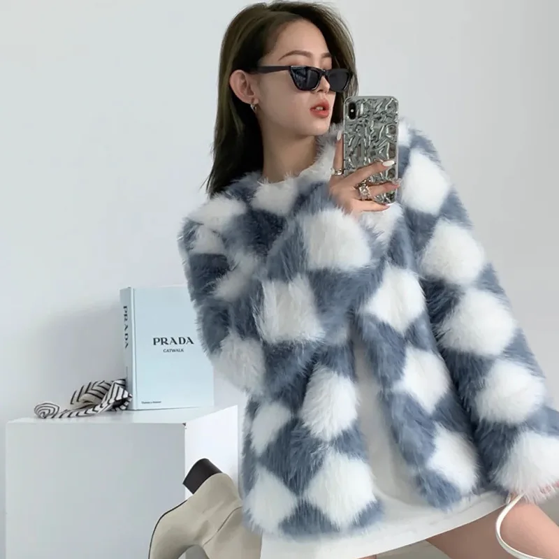 Imitation Fox Faux Fur Coat Women's Diamond-shaped Fragrant Checkerboard Grid Fashion Outerwear for Women Knitted Thick Warm Fur