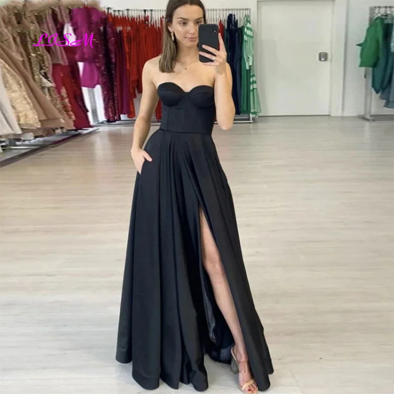 Купи Floor Length Satin Ruched Long Prom Dresses Sweetheart Sexy Bride Formal Party Evening Gowns Side Split Black Robe De Soiree за 5,334 рублей в магазине AliExpress