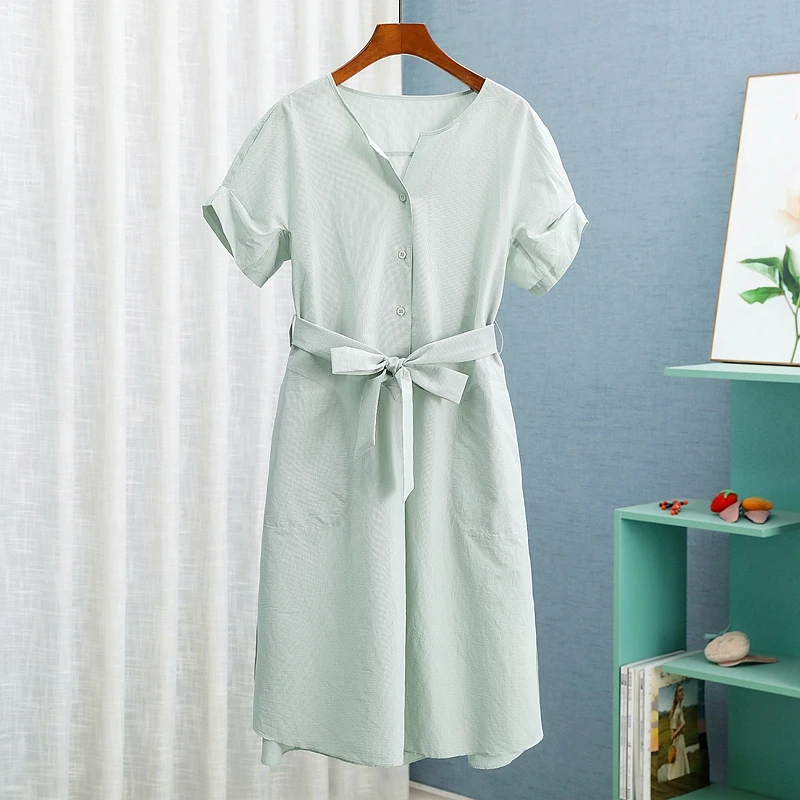 

Однотонное женское платье на шнуровке, свободные элегантные платья с коротким рукавом и V-образным вырезом на пуговицах для женщин, Повседневные Платья До Колена