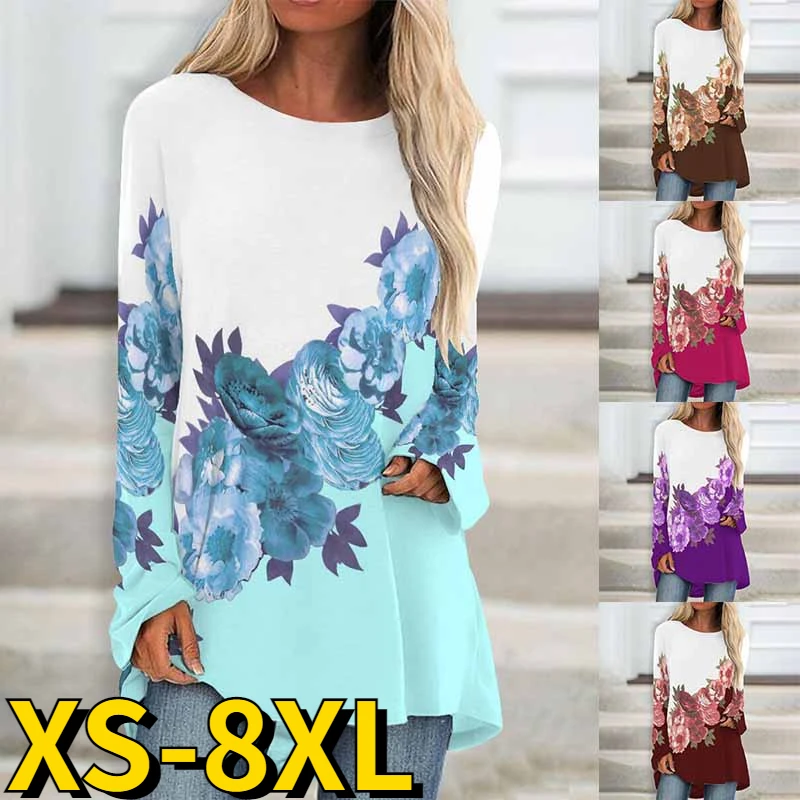 

2023 Spring Autumn Flower Printing Long Sleeve Fashion Tops Women Tee Shirt Everyday Round Neck Loose T-shirt Elegant Pullover