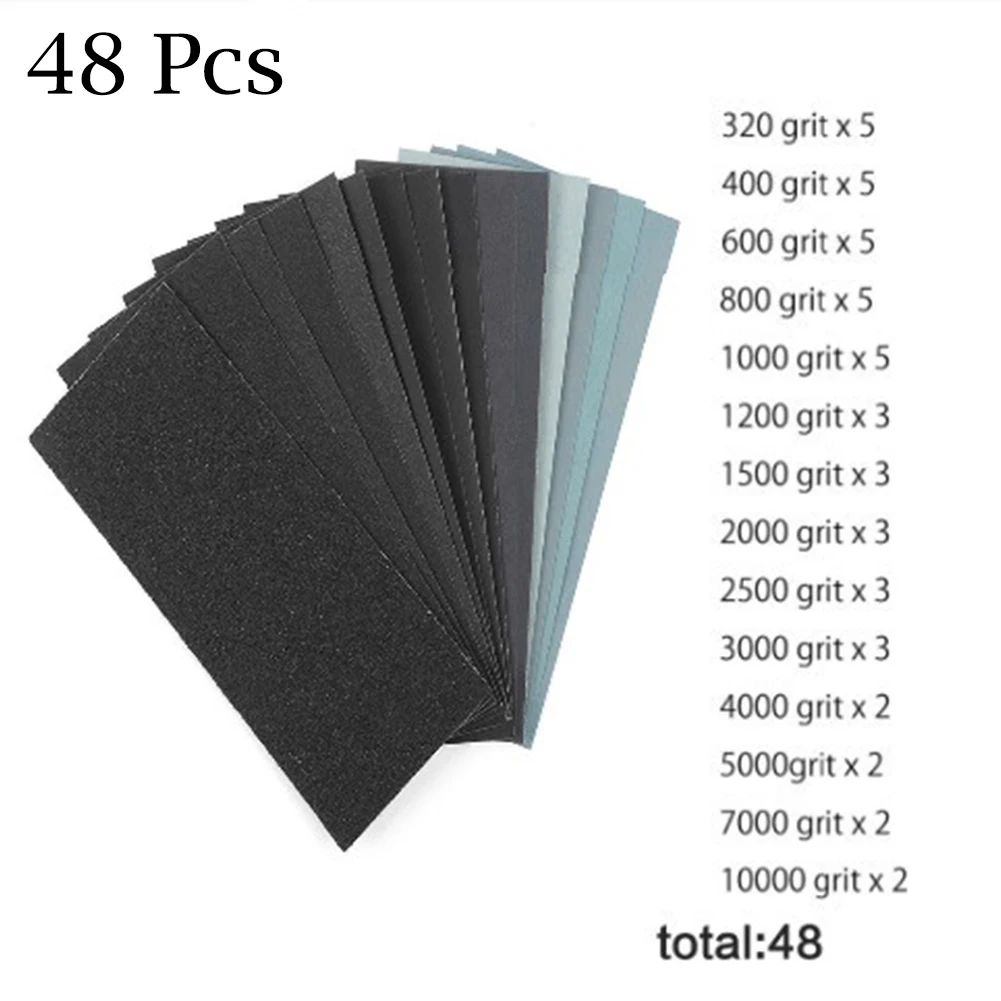 

48pcs 9"X3.6" Wet Dry Car Sandpaper 320 To 10000 Assorted Grits For Wood Furniture Finishing Metal Sanding Automotive Polishing