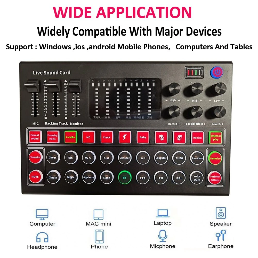 Фото Звуковая карта M9, аудиоинтерфейс, BLUETOOTH, USB, микрофон для прямой трансляции, звуковая карта для ПК, мобильного телефона, записи, студийной записи №2