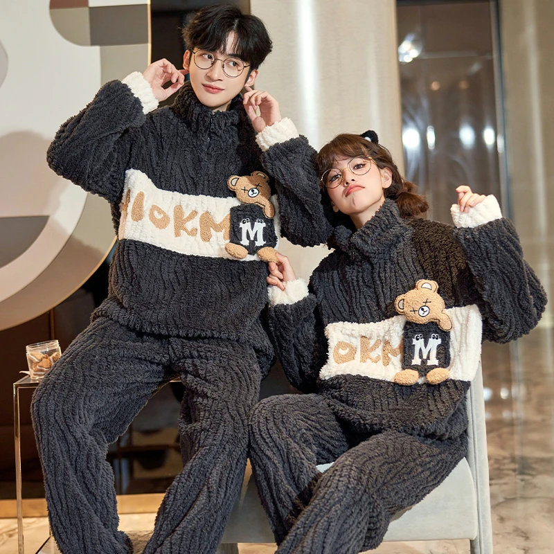 Winter Couple Pajamas Sets Women Men Sleepwear Cartoon Bear Leisure wear Unisex Korean Homewear Thicken Warm Kawaii Pajamas 2PCS
