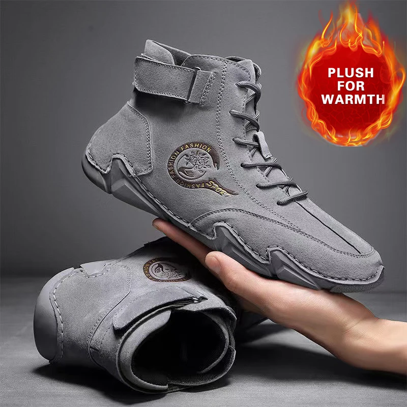 

2023 Men Winter Boots Warm Plush Genuine Leather Luxury High Top Sneakers Loafers Shoes Men Motorcycle Ankle Boots Free Shipping