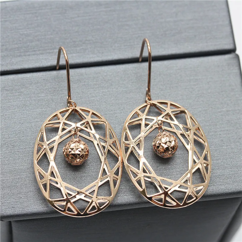 

585 Purple Gold Plated 14K Rose Gold Openwork Beads Geometric Texture earrings for women Simple Fashion Ear Hook Wedding Jewelry