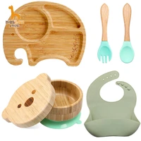 6pcs wooden feeding tableware sets kids dining supplies bamboo dishes with silicone solid color bib children dinnerware gift box
