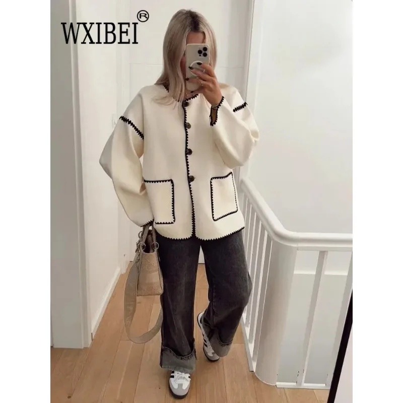 Женская модная контрастная свободная шерстяная куртка с карманами пальто