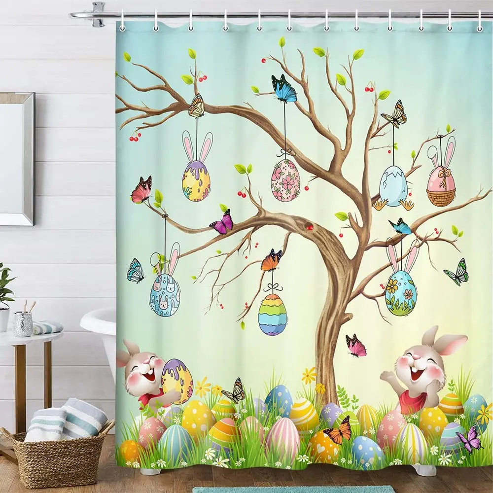 

Easter Eggs Shower Curtains Spring Funny Cute Bunny Rabbit Rustic Scenery Holiday Fabric Bathroom Decor Bath Curtain with Hooks