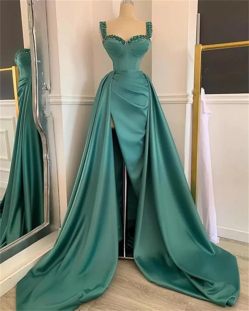 

Sexy Turquoise Sheath Evening Dress Sweetheart High Side Split Prom Dresses Beaded Crystals Open Back Pleats Formal Party Gowns