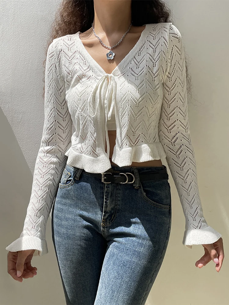 

Женский трикотажный кардиган с рюшами, белый однотонный простой кардиган с длинным рукавом, в Корейском стиле, ASTS85440, осень