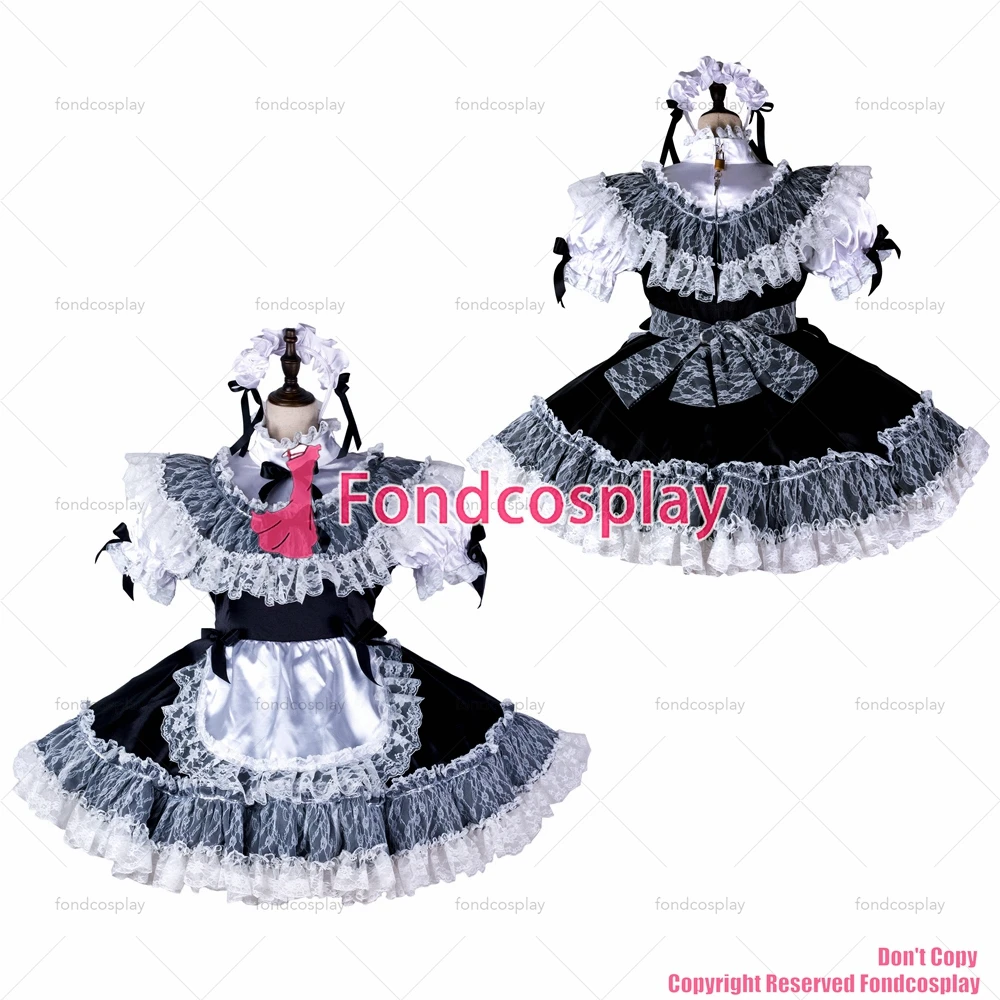 

fondcosplay adult sexy cross dressing sissy maid short black satin dress white lace apron lockable Uniform CD/TV[G2370]