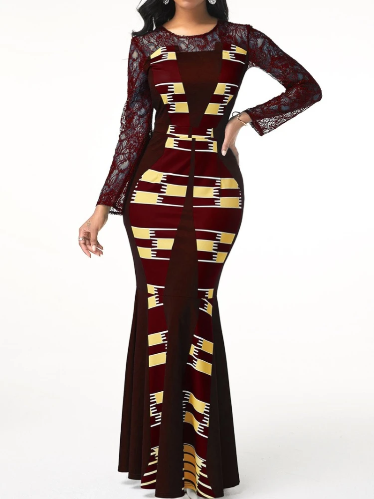 

2023 African maxi Dress For Women Casual Slim Patchwork Lace Maxi Dresses Elegant Sexy Long Dress 5XL 4XL Africa Clothing