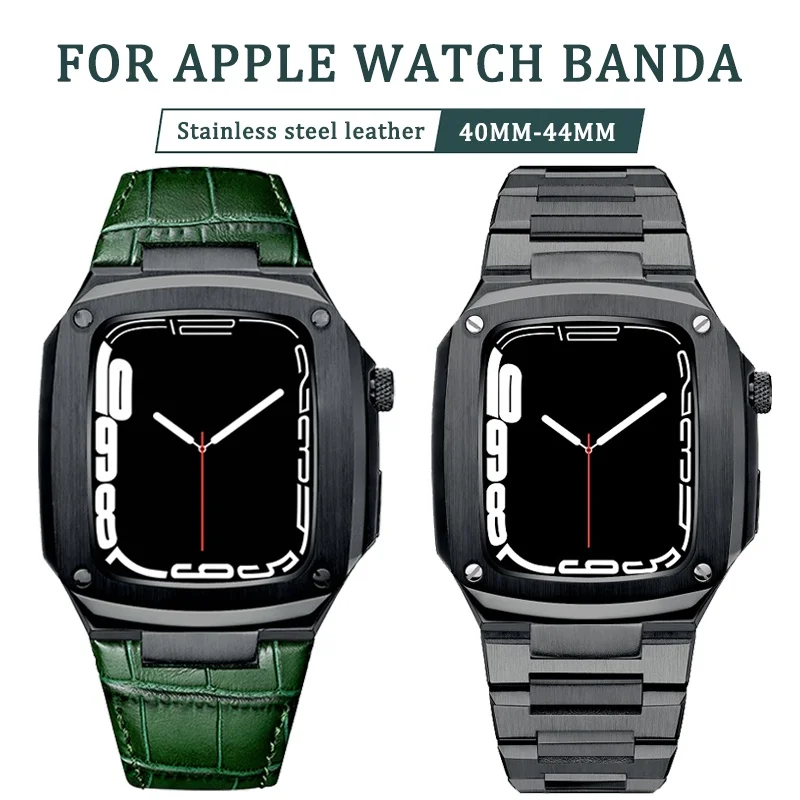 

Ремешок из нержавеющей стали для Apple Watch Band 7 44 мм для IWatch Series 7 6 SE 5 4 40 мм, модифицированный металлический кожаный защитный чехол