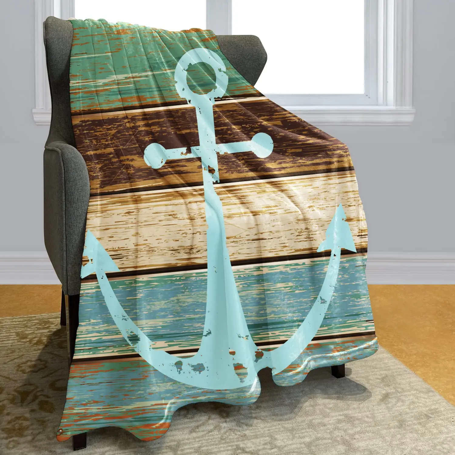 

Lightweight Cozy Couch/Bed Super Soft Warm Plush Microfiber Throw Blanket,Nautical Navy Anchor,Gray and White