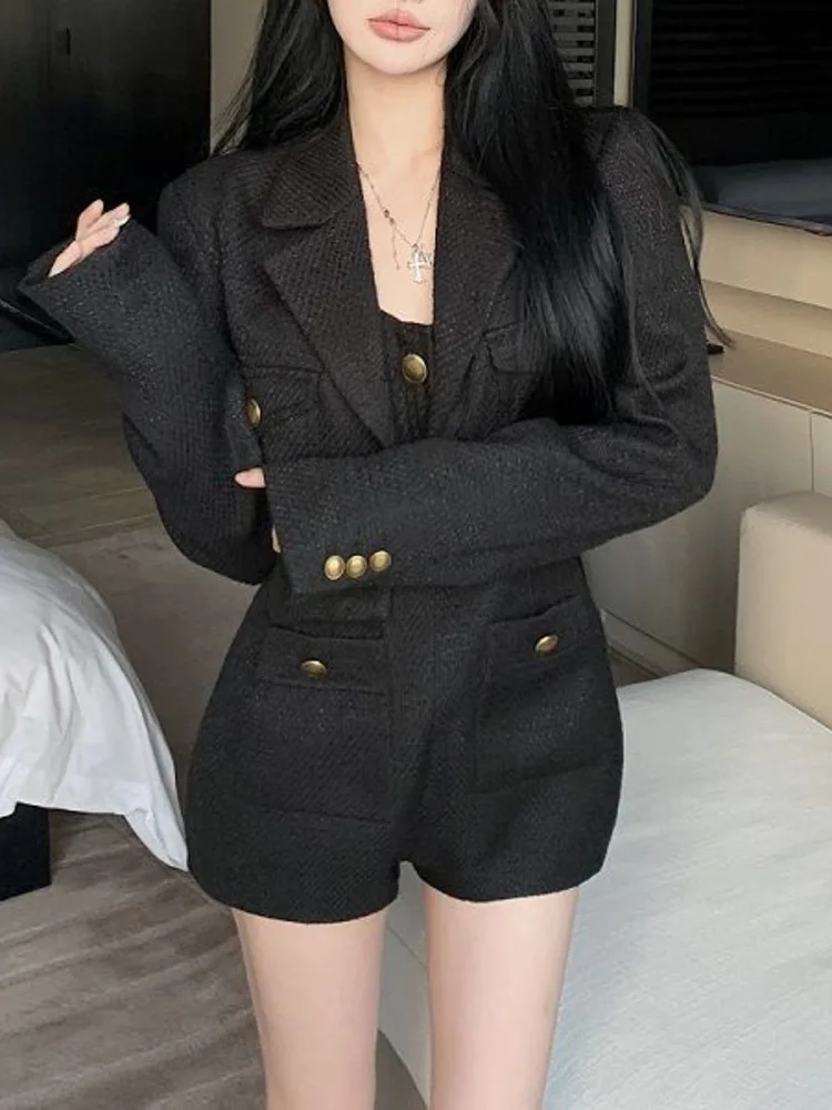 Женский твидовый облегающий костюм черный пиджак с подтяжками из двух предметов