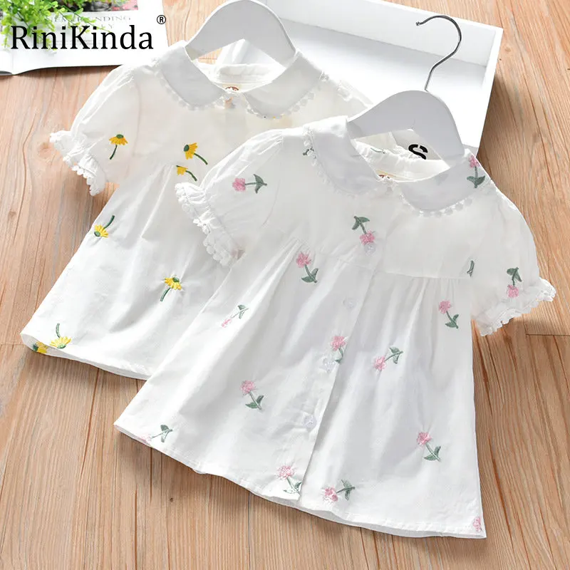 

RiniKinda Embroidered Short Sleeves Clothes Summer Clothes For Baby Baby Girls Blouse Shirts Fashion Children Kids Toddlers Tops