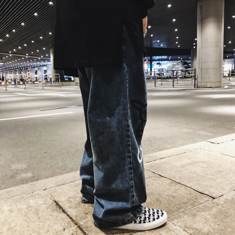Summer y2k men's jeans micro flare wide leg pants retro graffiti straight leg pants cartoon sloppy pants designer overalls jeans