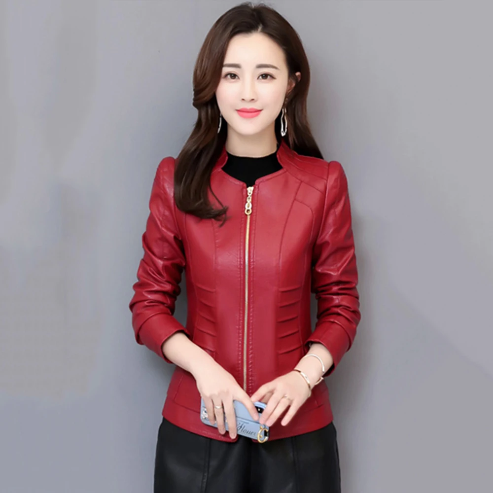 New Women Leather Jacket Spring Autumn Fashion Trend Chic Small Stand Collar Slim Waist Split Leather Cool Style Short Coat