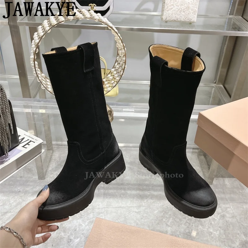Замшевые Кожаные Сапоги до колена с круглым носком на толстой подошве женские